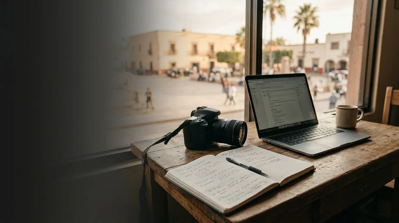 Mesa de trabajo con cámara, libreta y computadora frente a una plaza